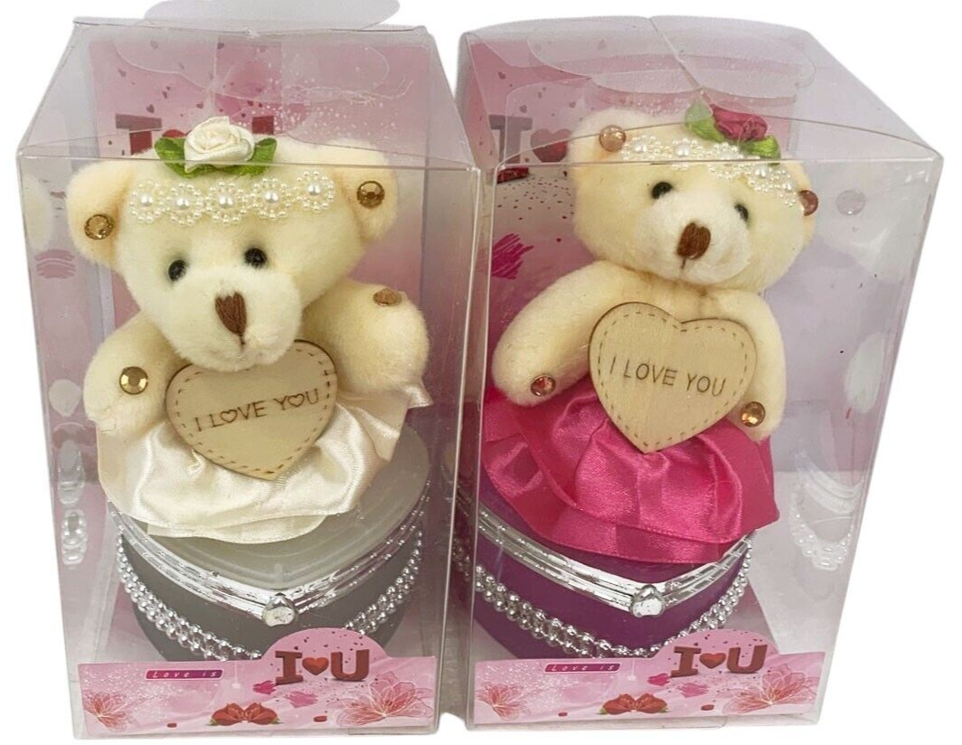 I Love You Bear With Heart Shaped Jewelry Gift Boxes SET OF 2 White and Fuchsia