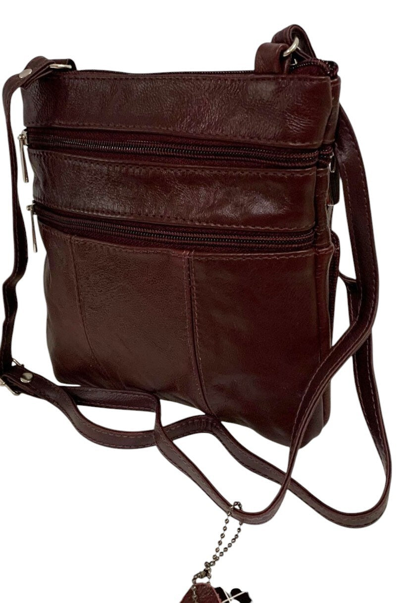BURGUNDY Cowhide Leather Crossbody Shoulder Bag  Organizer Handbag for Women