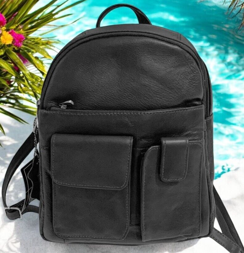 BLACK COWHIDE LEATHER UNISEX  BACKPACK SHOULDER BAG TRAVEL ORGANIZER