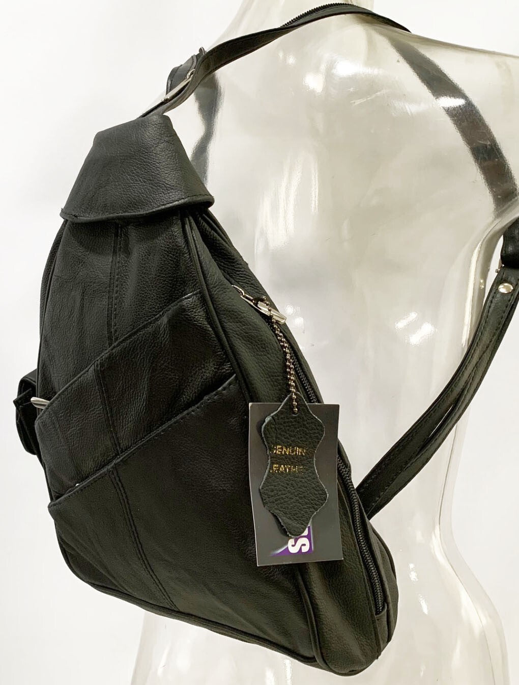 BLACK COWHIDE LEATHER UNISEX  BACKPACK SHOULDER BAG TRAVEL ORGANIZER
