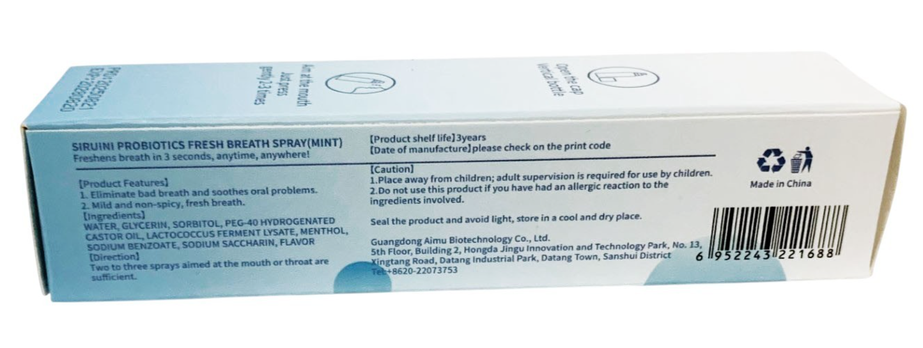 SIRUINI PROBIOTICS FRESH BREATH MINT MOUTH SPRAY ORAL HEALTH FORMULA 20ml/0.7oz