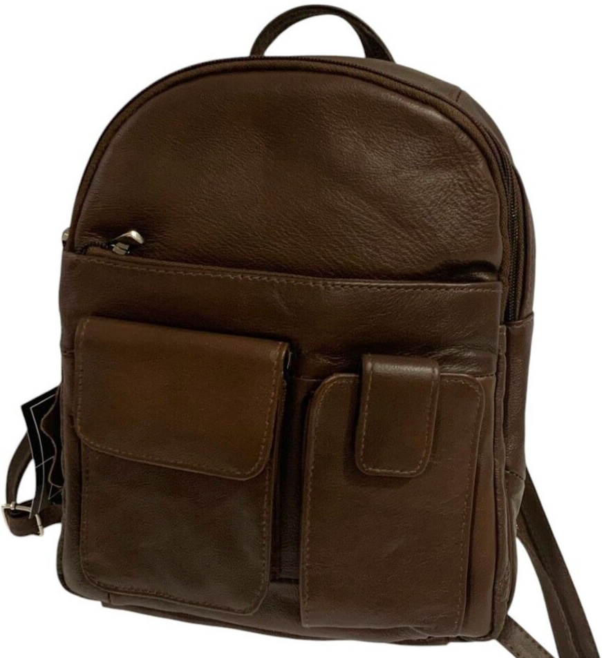 BROWN COWHIDE LEATHER UNISEX  BACKPACK SHOULDER BAG TRAVEL ORGANIZER