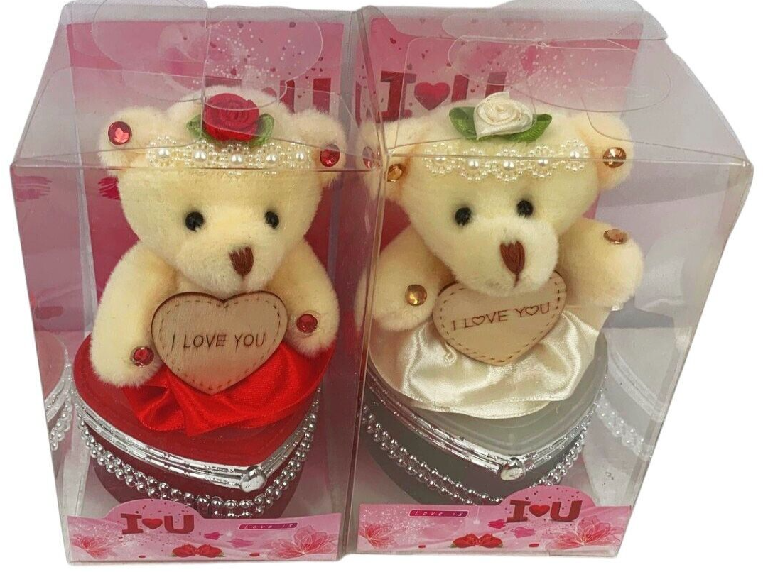 I Love You Bear With Heart Shaped Jewelry Gift Boxes SET OF 2 White & Red