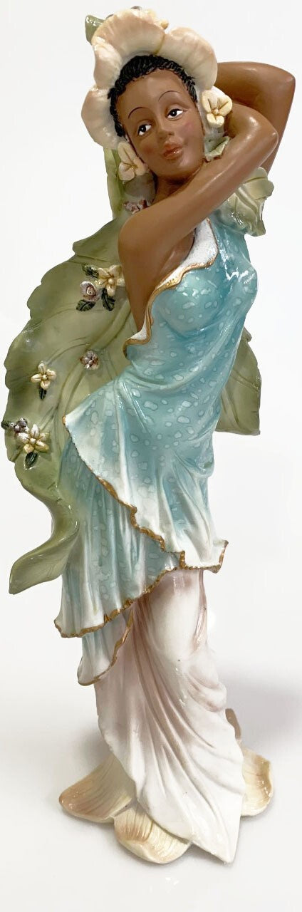 YOUNG AFRICAN AMERICAN WOMEN IN BLUE VINTAGE FIGURINE WITH LARGE LEAVES 12"