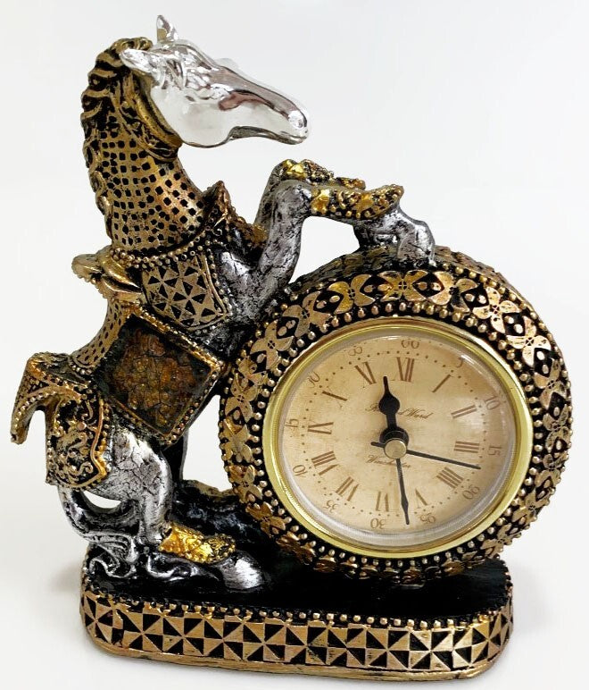 DESK TABLE ANTIQUE STYLE CLOCK WITH RISING HORSE STATUE BATTERY OPERATED