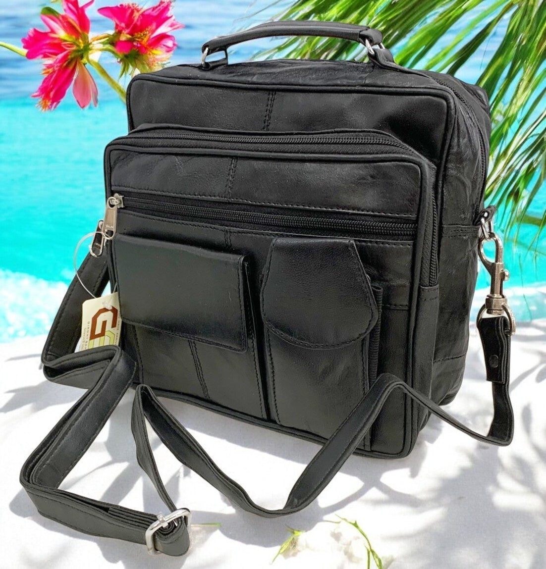 Black Leather Messenger Crossbody Shoulder Bag Organizer Handbag Satchel for Men