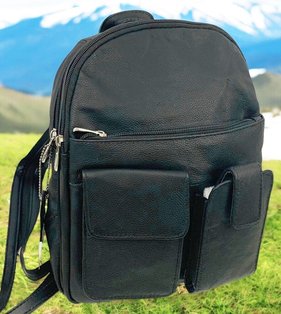 BLACK COWHIDE LEATHER UNISEX  BACKPACK SHOULDER BAG TRAVEL ORGANIZER