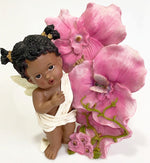 AFRICAN AMERICAN FAIRY ANGEL BABY GIRL FIGURINE WITH FLOWERS AND BUTTERFLY 11.5"