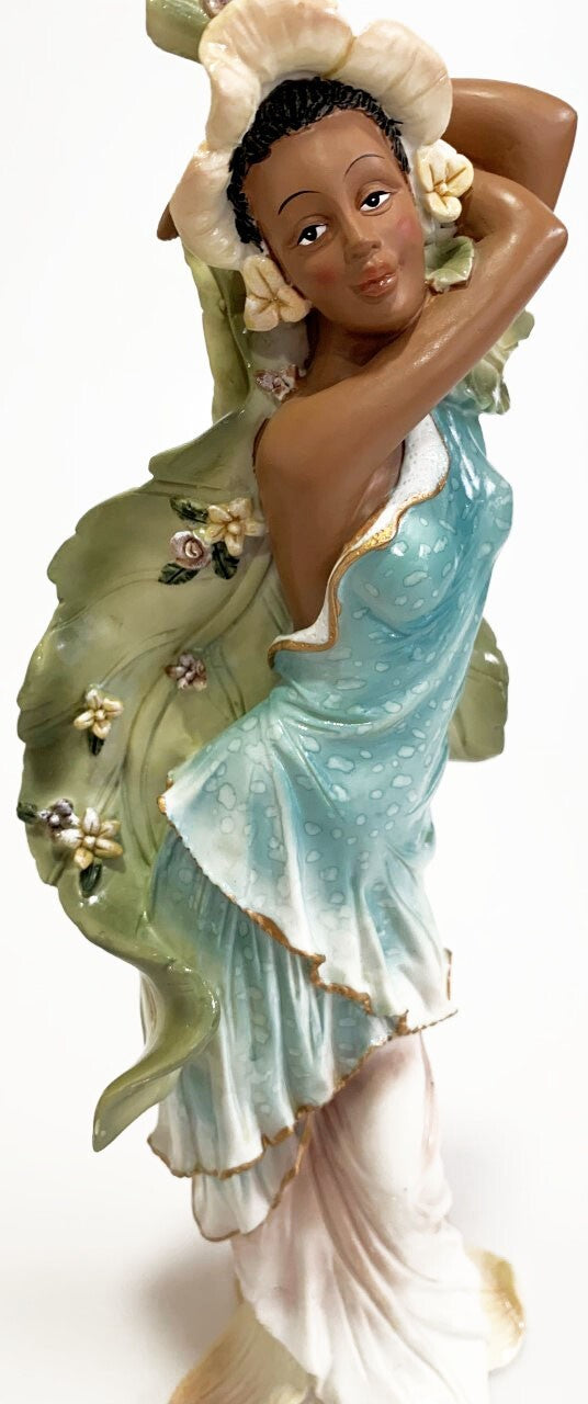 YOUNG AFRICAN AMERICAN WOMEN IN BLUE VINTAGE FIGURINE WITH LARGE LEAVES 12"