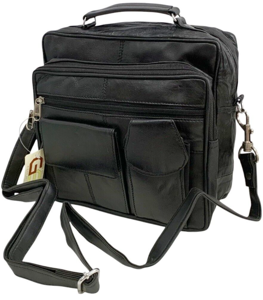 Black Leather Messenger Crossbody Shoulder Bag Organizer Handbag Satchel for Men