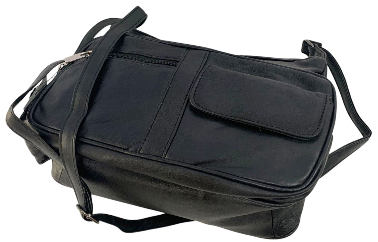 BLACK Leather Organizer Purse Shoulder Bag Multiple Pockets Cross Body Handbag