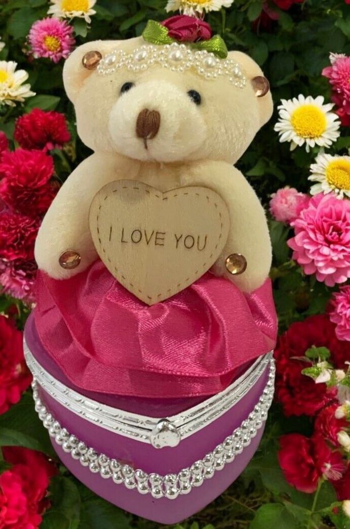 I Love You Bear With Heart Shaped Jewelry Gift Box Dark Pink/Purple
