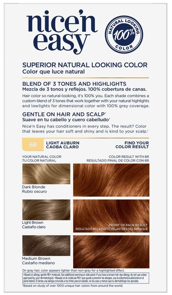 2-Clairol Nice'n Easy Permanent Hair Dye, 6R Light Auburn 100% Gray Coverage