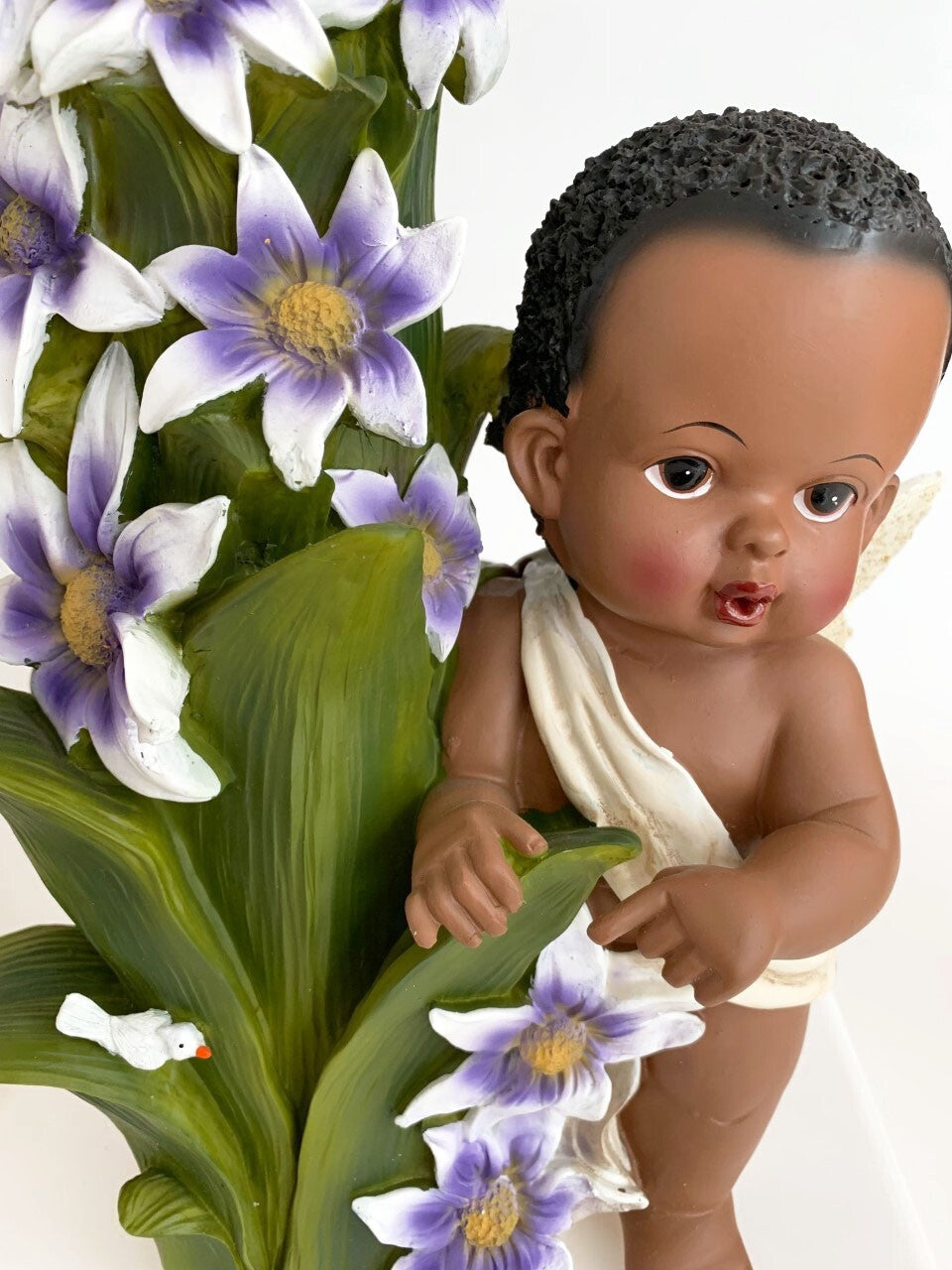 AFRICAN AMERICAN FAIRY ANGEL BABY BOY /GIRL FIGURINE WITH FLOWERS/ BIRD 12.25"