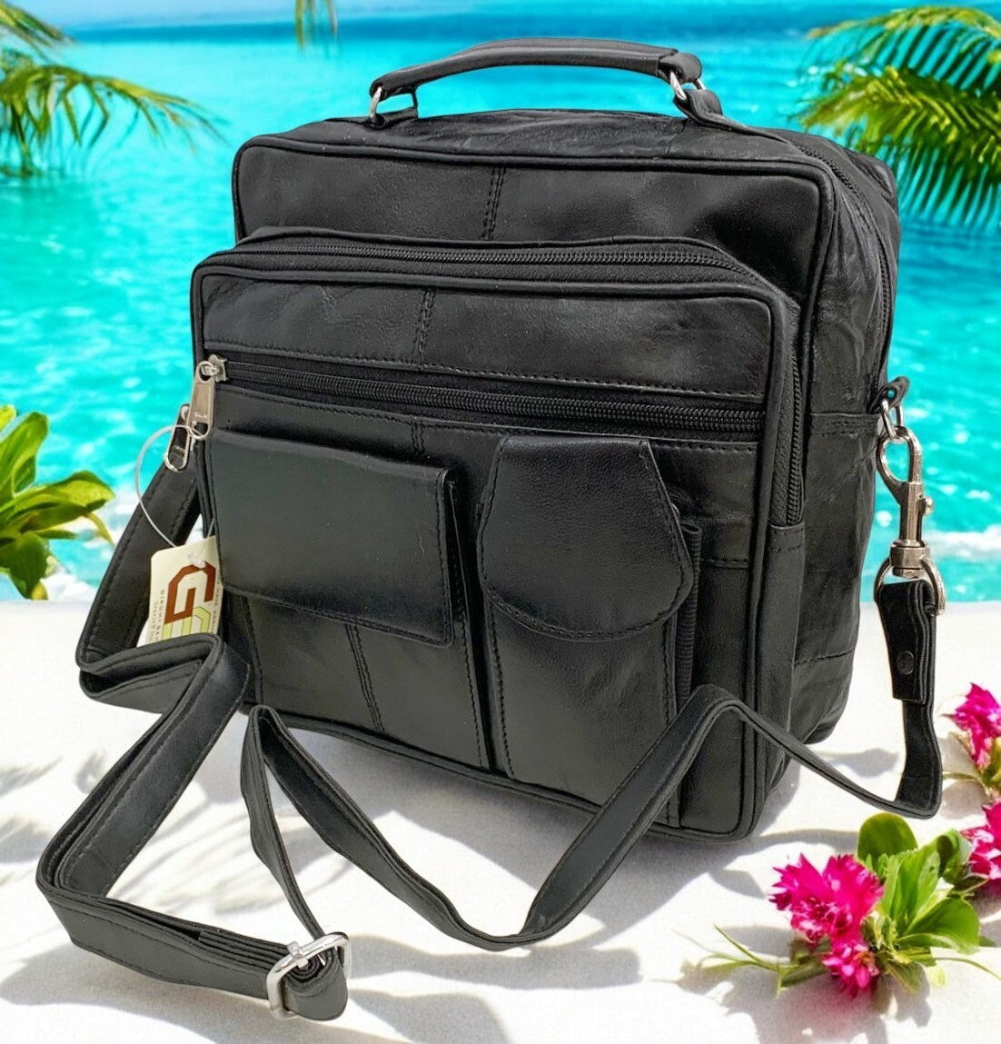 Black Leather Messenger Crossbody Shoulder Bag Organizer Handbag Satchel for Men
