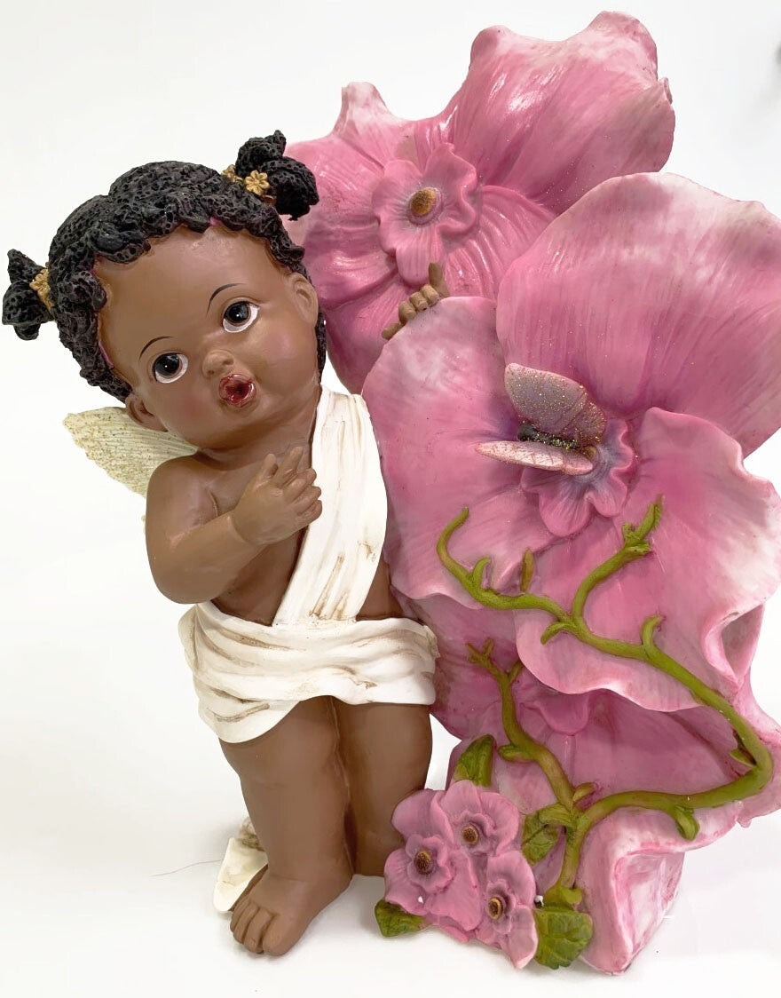 AFRICAN AMERICAN FAIRY ANGEL BABY GIRL FIGURINE WITH FLOWERS AND BUTTERFLY 11.5"