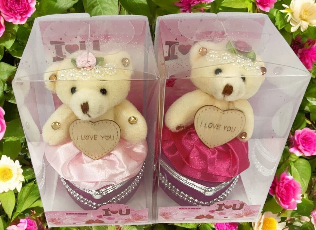 I Love You Bear With Heart Shaped Jewelry Gift Boxes SET OF 2 Pink & Fuchsia