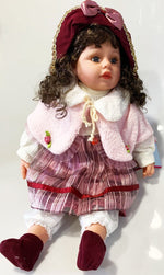 NEW VINYL PLAY DOLL BROWN HAIR GRAY EYES  22" BURGUNDY/WHITE/PINK  CLOTHES