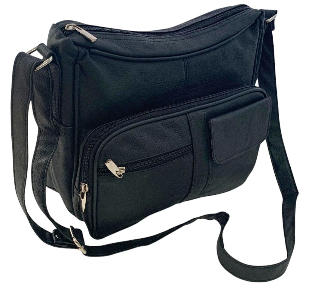 BLACK Leather Organizer Purse Shoulder Bag Multiple Pockets Cross Body Handbag