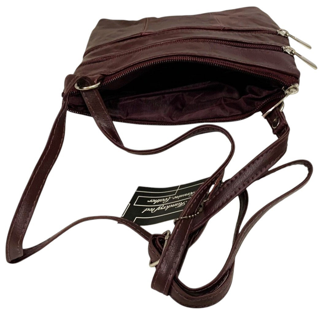 BURGUNDY Cowhide Leather Crossbody Shoulder Bag  Organizer Handbag for Women