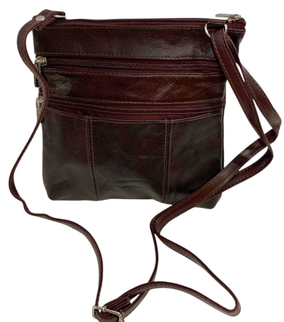 BURGUNDY Cowhide Leather Crossbody Shoulder Bag  Organizer Handbag for Women