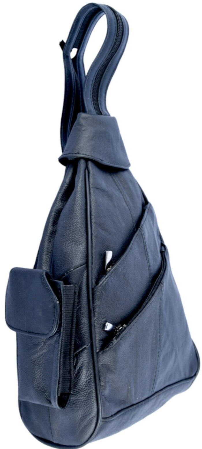 BLACK COWHIDE LEATHER UNISEX  BACKPACK SHOULDER BAG TRAVEL ORGANIZER