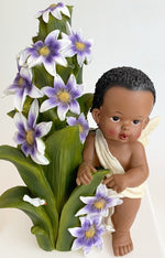 AFRICAN AMERICAN FAIRY ANGEL BABY BOY /GIRL FIGURINE WITH FLOWERS/ BIRD 12.25"
