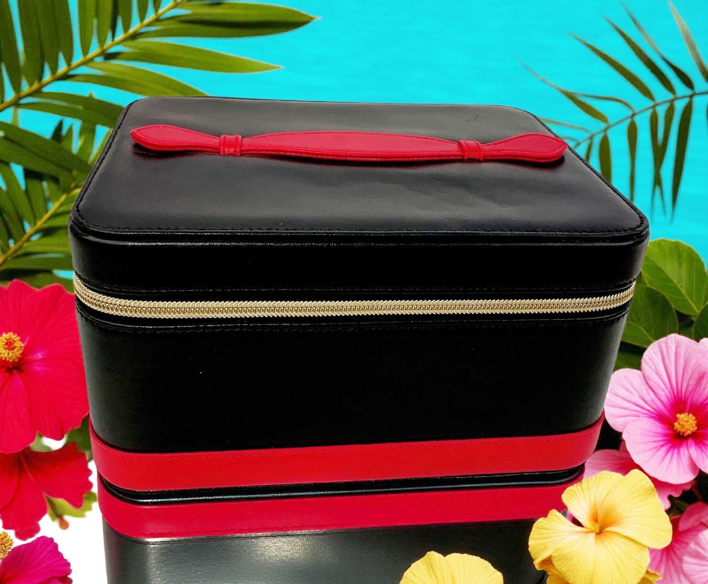 Shiseido New Leather Black/ Red Large Cosmetic Box Carrier With Mirror