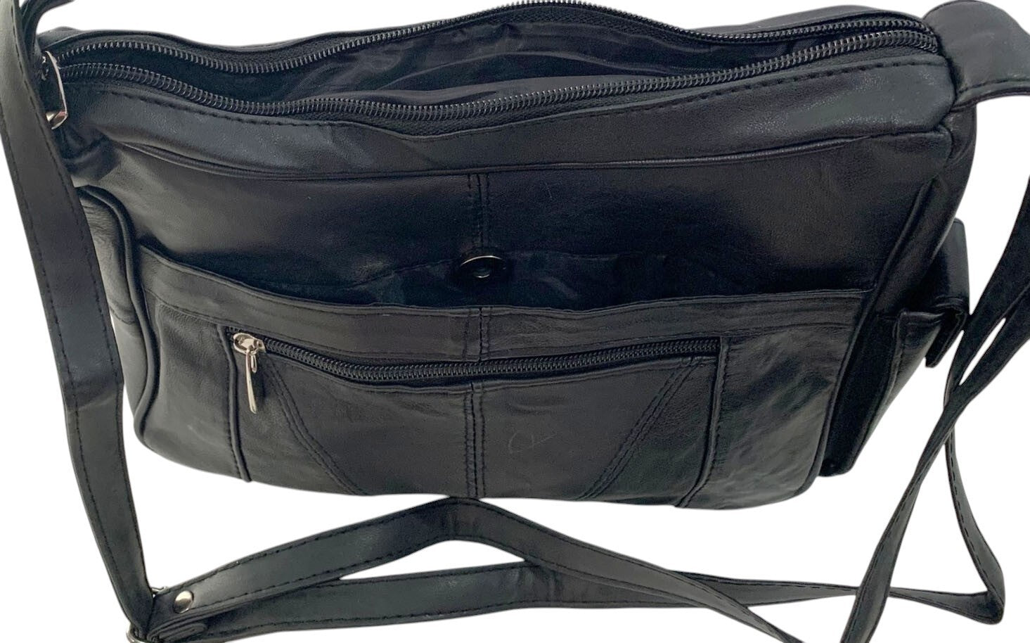 BLACK Leather Organizer Purse Shoulder Bag Multiple Pockets Cross Body Handbag