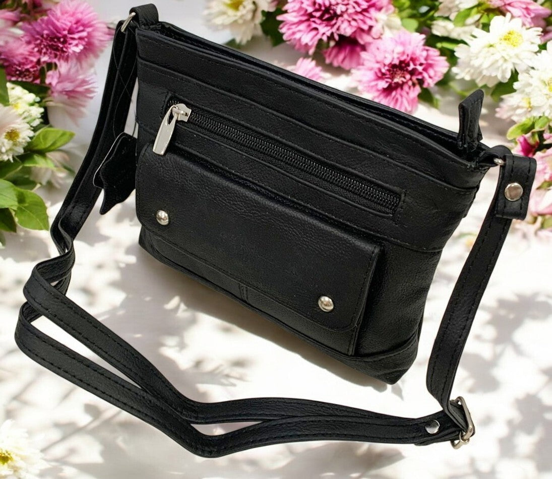 Black Cowhide Leather Small Handbag Crossbody Shoulder Bag  Purse for Women