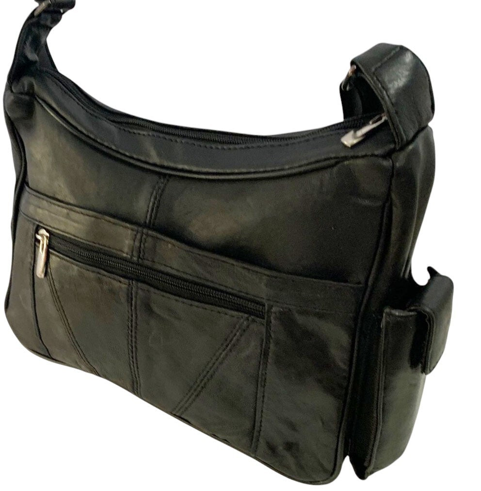 BLACK Leather Organizer Purse Shoulder Bag Multiple Pockets Cross Body Handbag