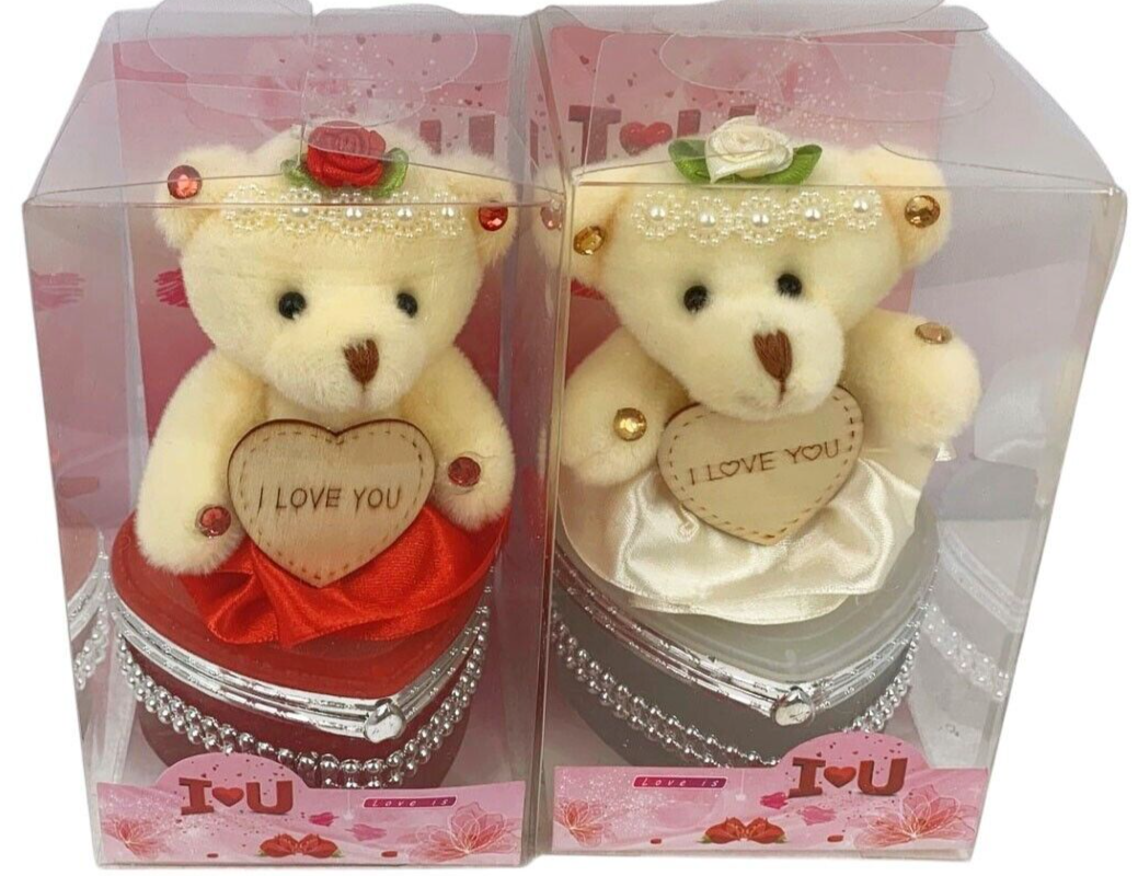 I Love You Bear With Heart Shaped Jewelry Gift Boxes SET OF 2 White & Red