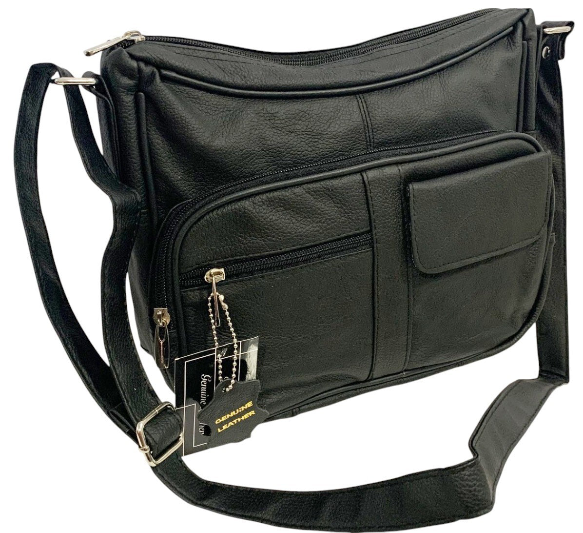 BLACK Leather Organizer Purse Shoulder Bag Multiple Pockets Cross Body Handbag