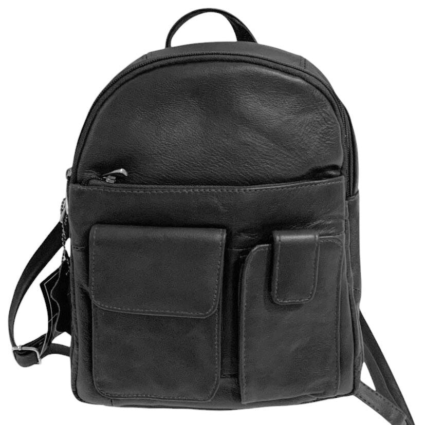 BLACK COWHIDE LEATHER UNISEX  BACKPACK SHOULDER BAG TRAVEL ORGANIZER