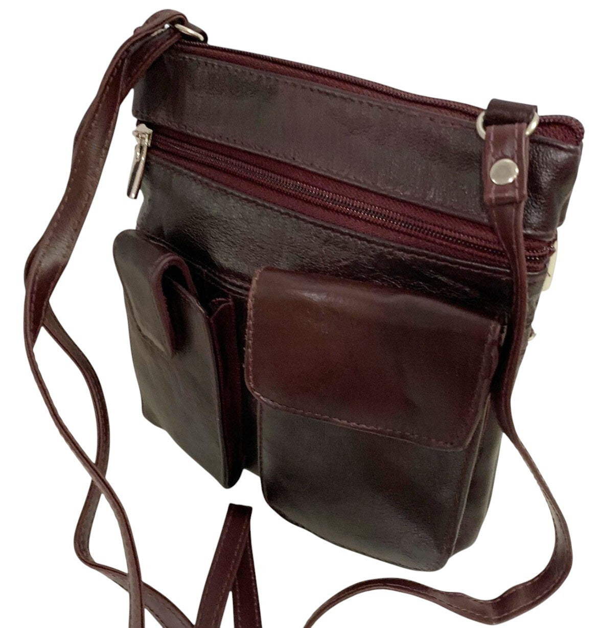 BURGUNDY Cowhide Leather Crossbody Shoulder Bag  Organizer Handbag for Women