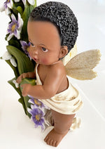 AFRICAN AMERICAN FAIRY ANGEL BABY BOY /GIRL FIGURINE WITH FLOWERS/ BIRD 12.25"