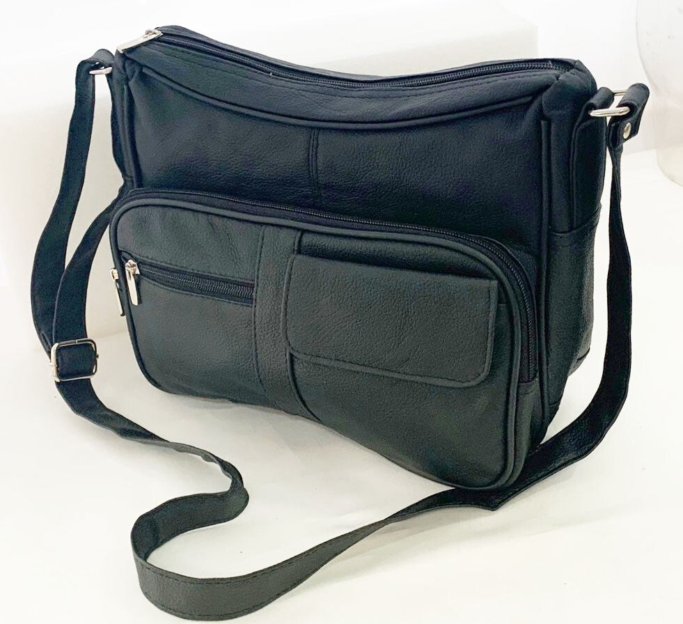 BLACK Leather Organizer Purse Shoulder Bag Multiple Pockets Cross Body Handbag