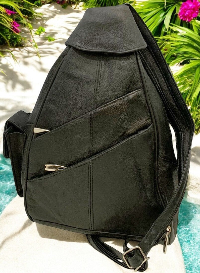 BLACK COWHIDE LEATHER UNISEX  BACKPACK SHOULDER BAG TRAVEL ORGANIZER