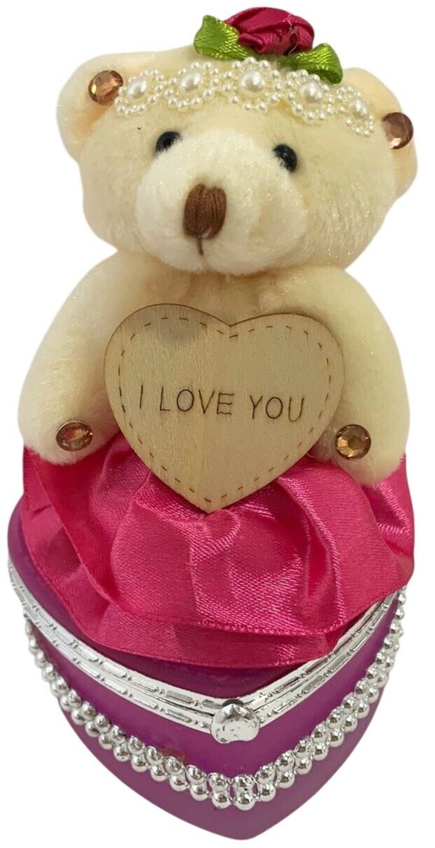 I Love You Bear With Heart Shaped Jewelry Gift Boxes SET OF 2 White and Fuchsia