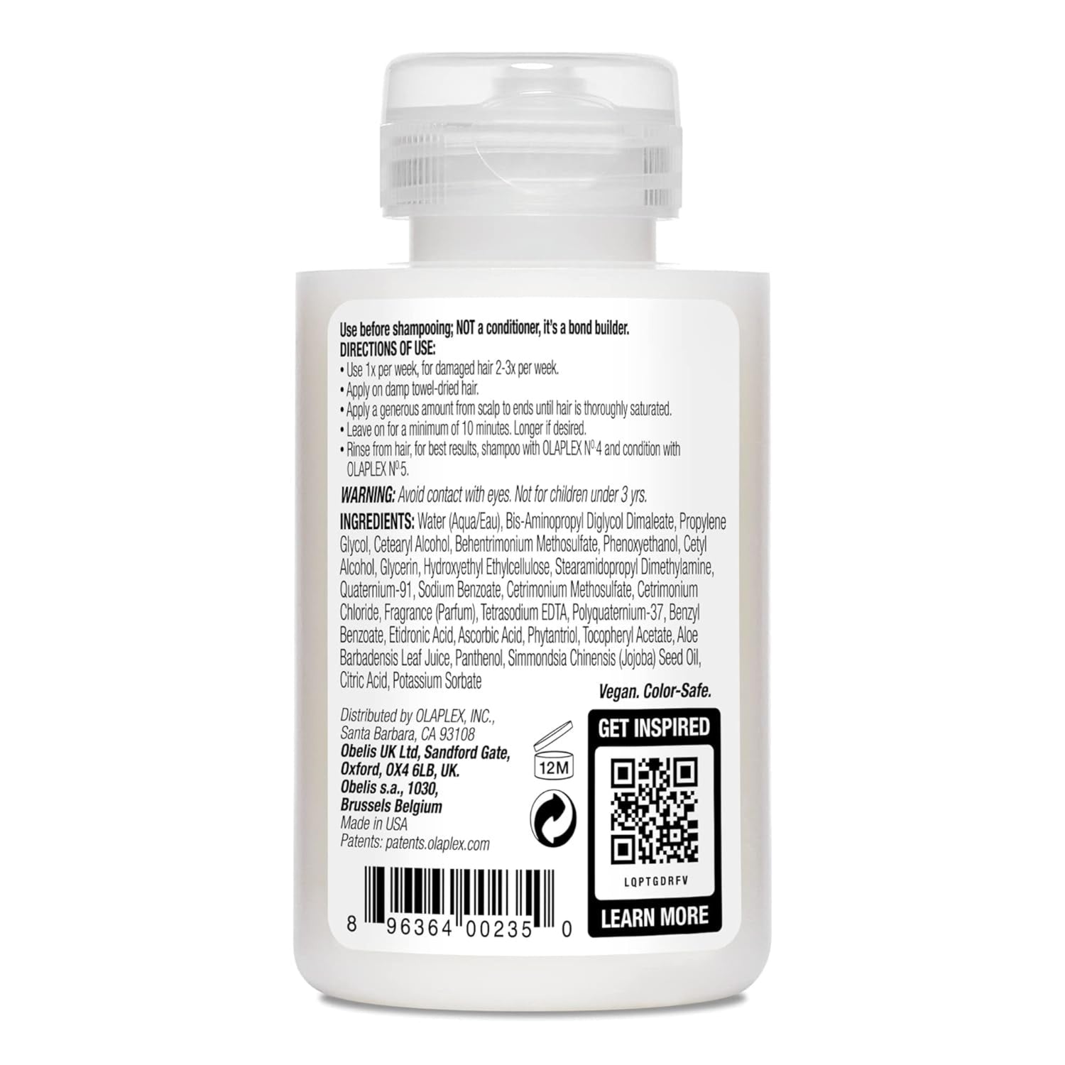 Back label of a white bottle with text and a QR code on a white background