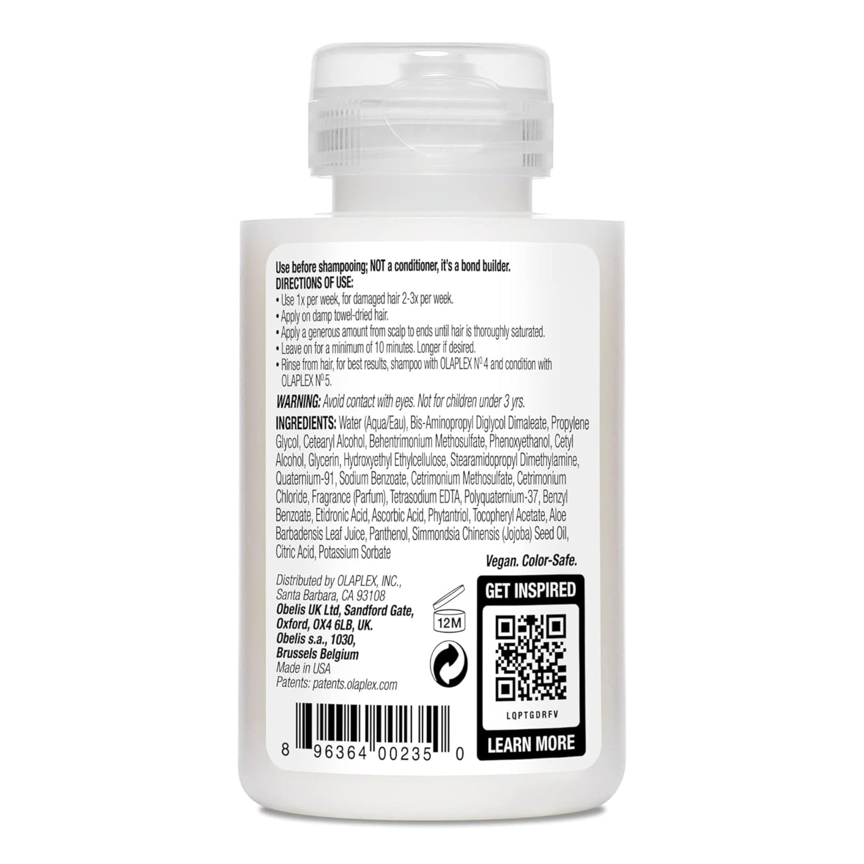 Back label of a white bottle with text and a QR code on a white background