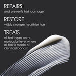 Hair care product with text describing its benefits on a black background