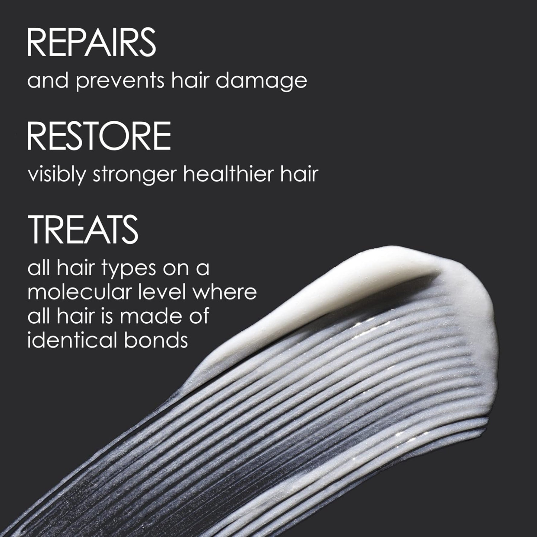 Hair care product with text describing its benefits on a black background