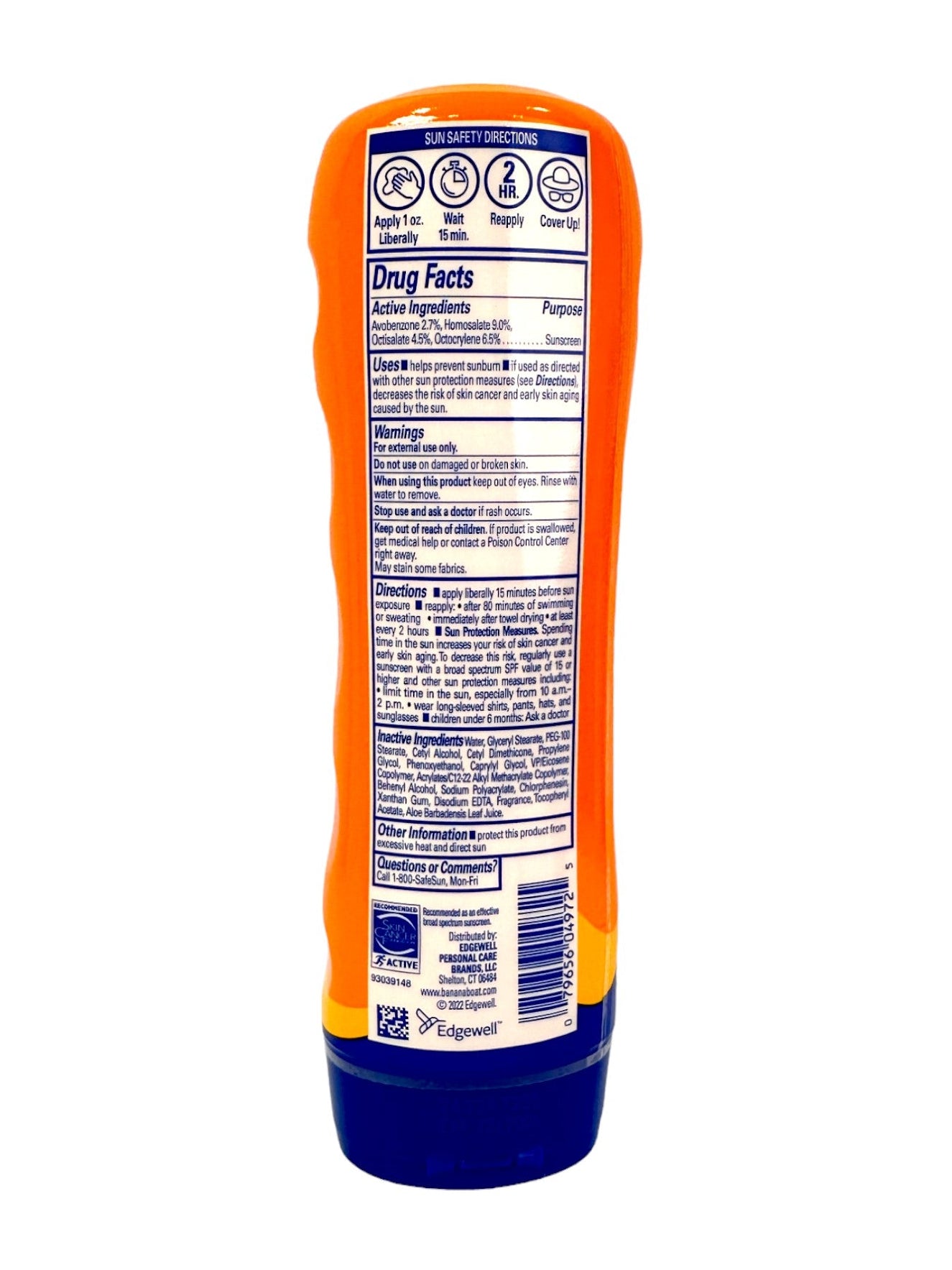 Back label of a blue and orange container with text and symbols.