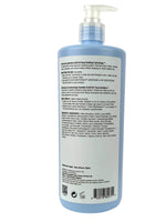 Blue bottle with pump and label on a white background