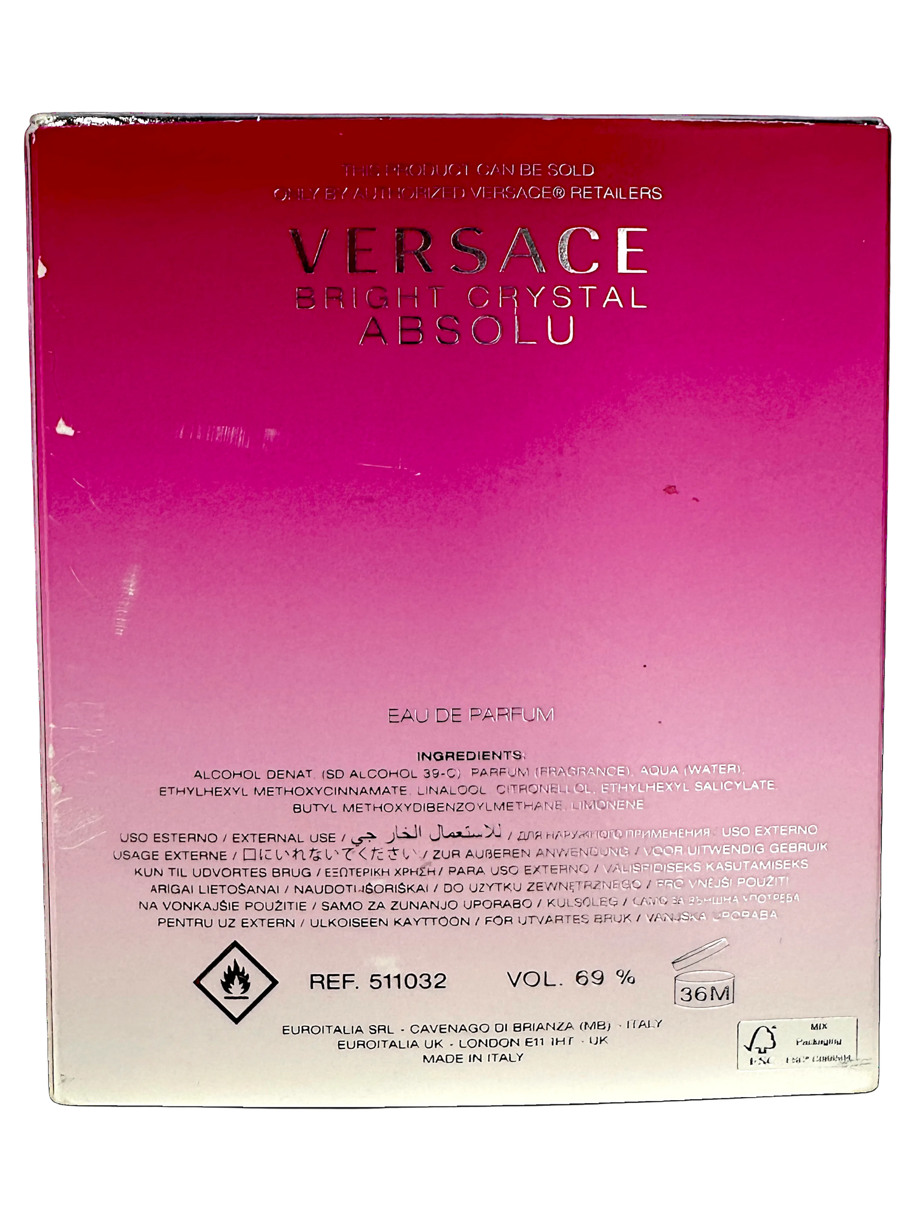 Versace Bright Crystal Absolu perfume packaging with pink and purple gradient.