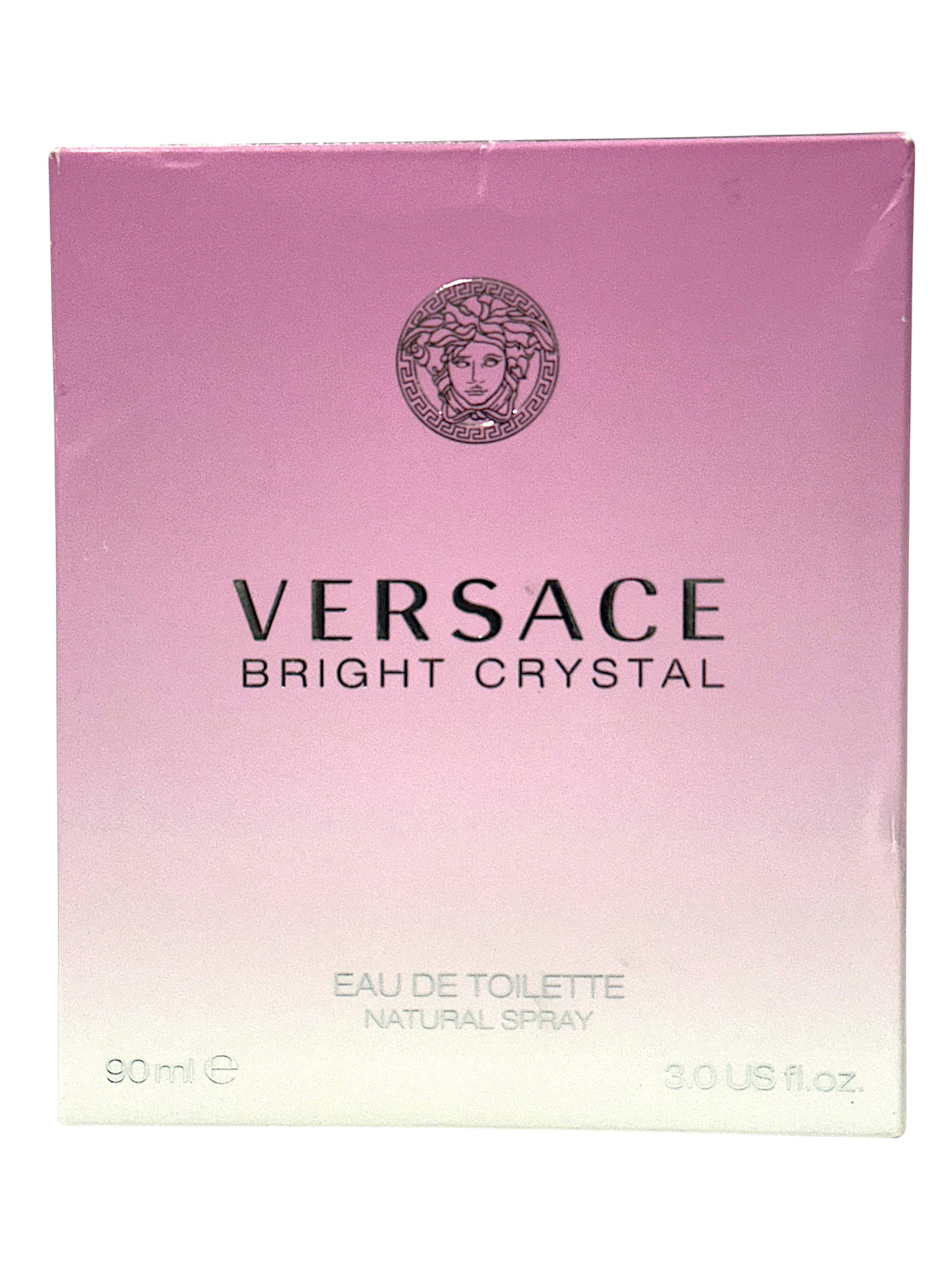 Versace Bright Crystal eau de toilette packaging with pink background and white text.
