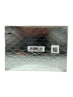 Silver textured pouch with a barcode and QR code on a white background