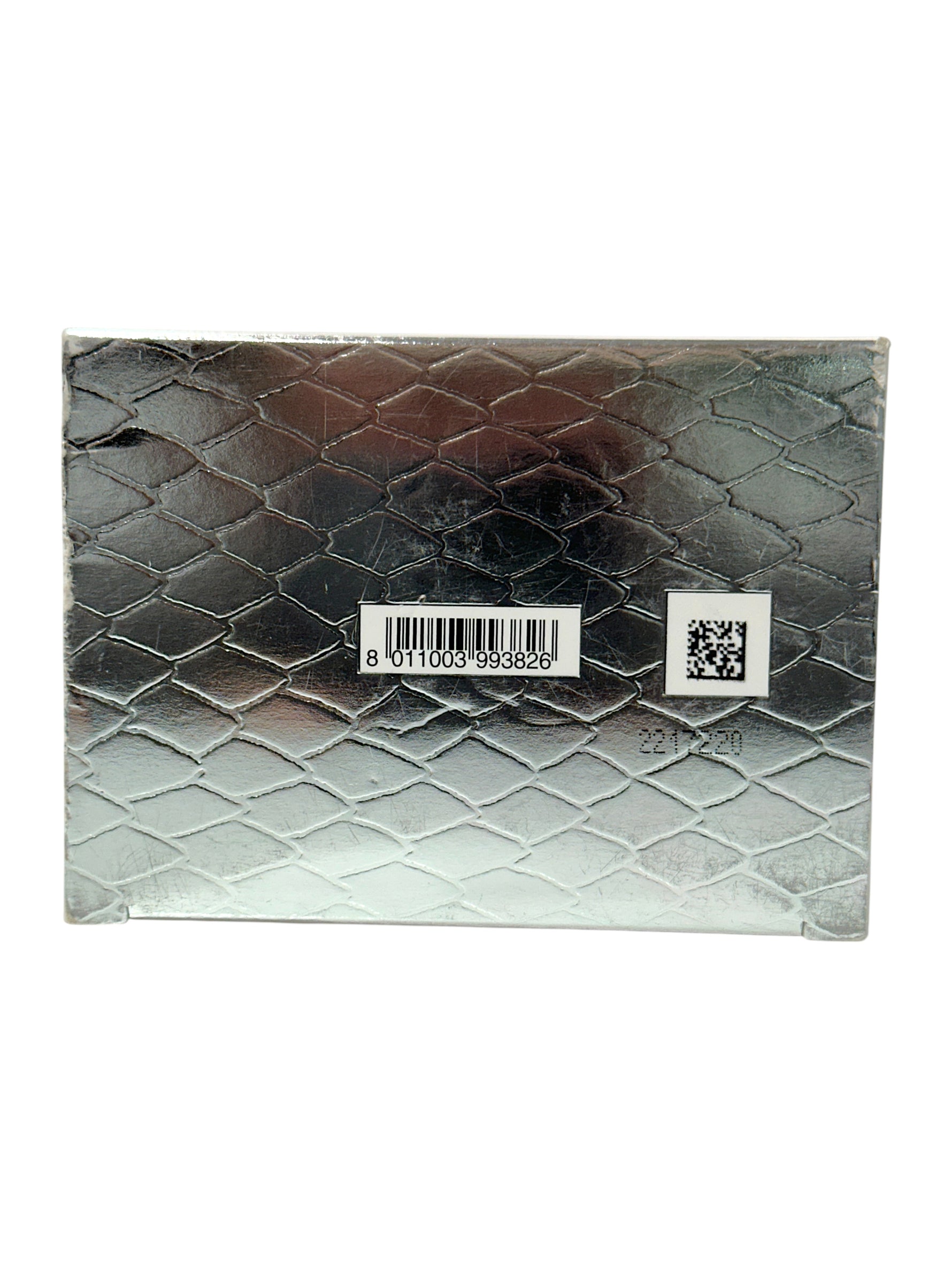 Silver textured pouch with a barcode and QR code on a white background