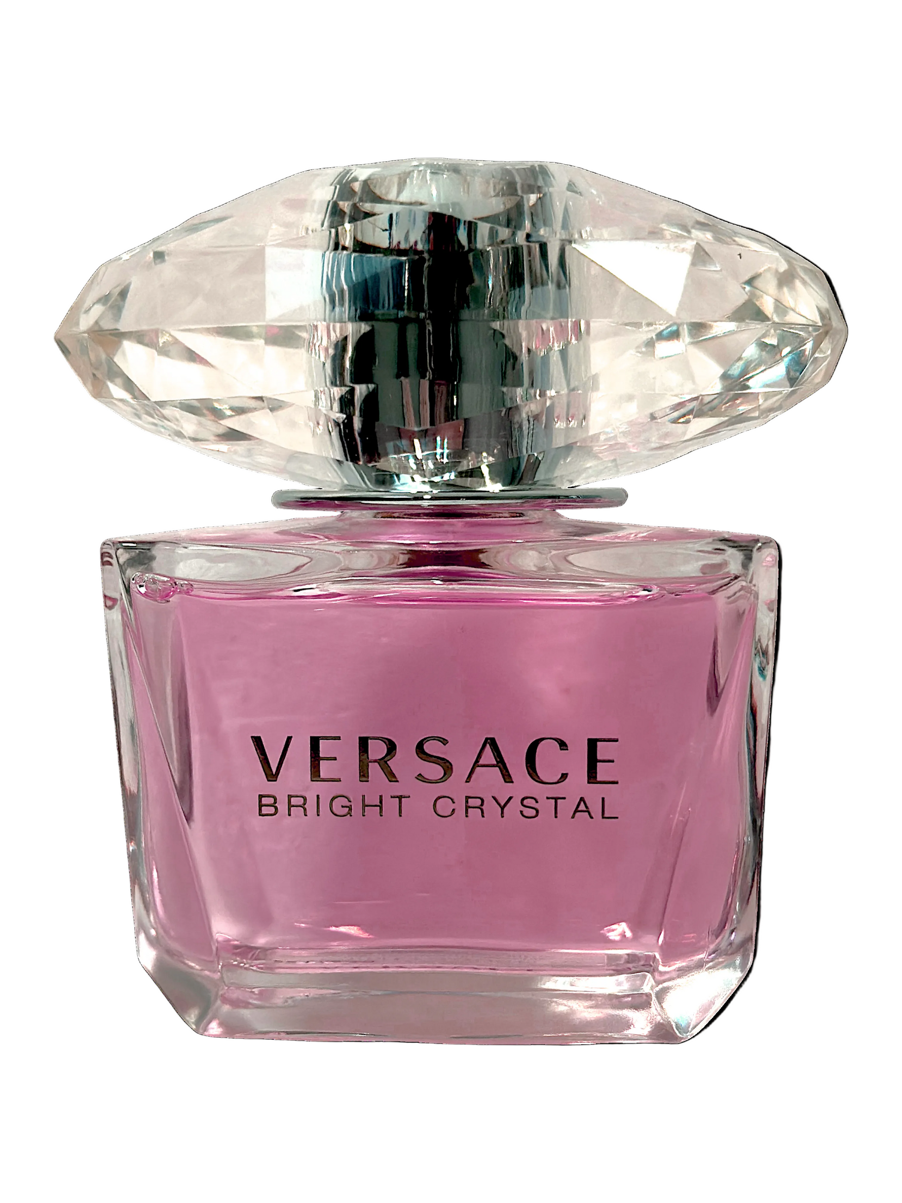Versace Bright Crystal perfume bottle with pink base and clear crystal cap on a white background
